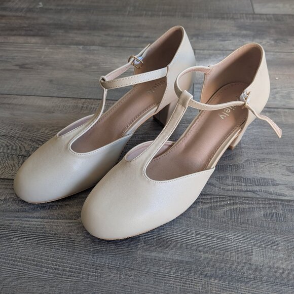 NEW Peijely Womens T Strap Chunky Block Heel Strap Dress Pumps Nude Matte 10 - Picture 3 of 11